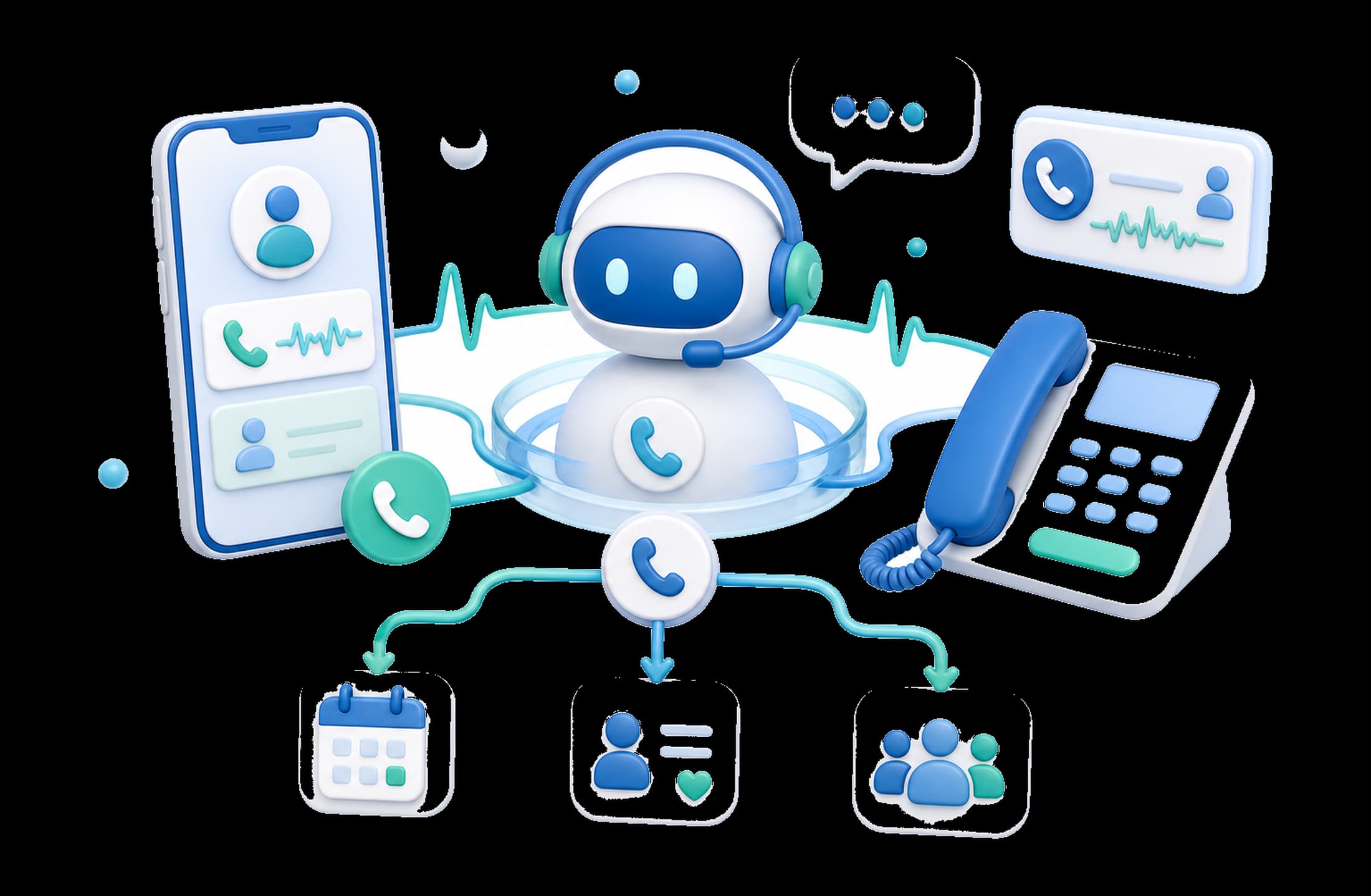 AI receptionist with a headset handling clinic calls and routing them to scheduling and the team