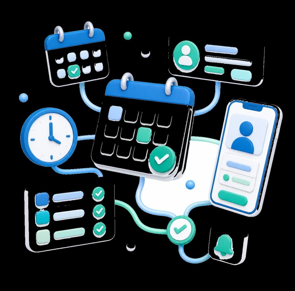 Calendar, clock, and phone booking a patient appointment with reminders