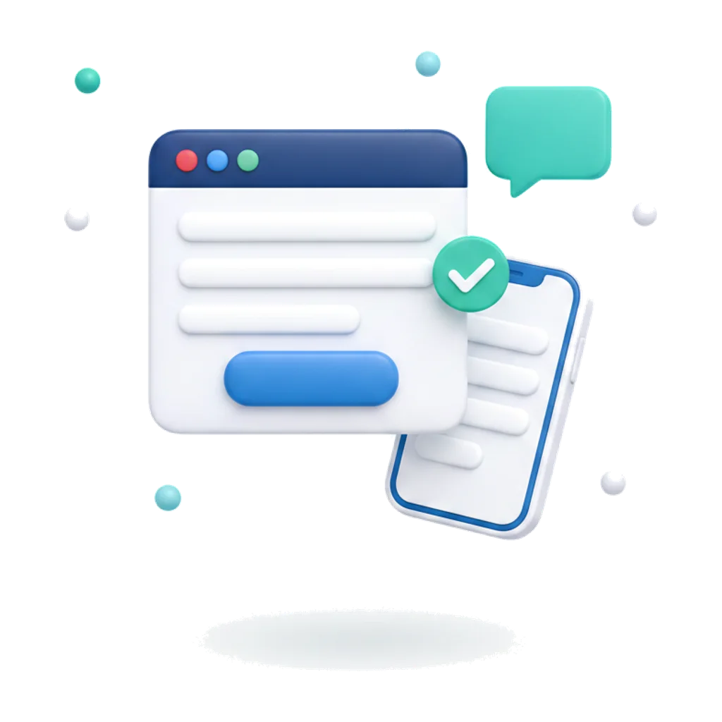 Clinic website browser window with a booking button, chat bubble, and phone driving conversions