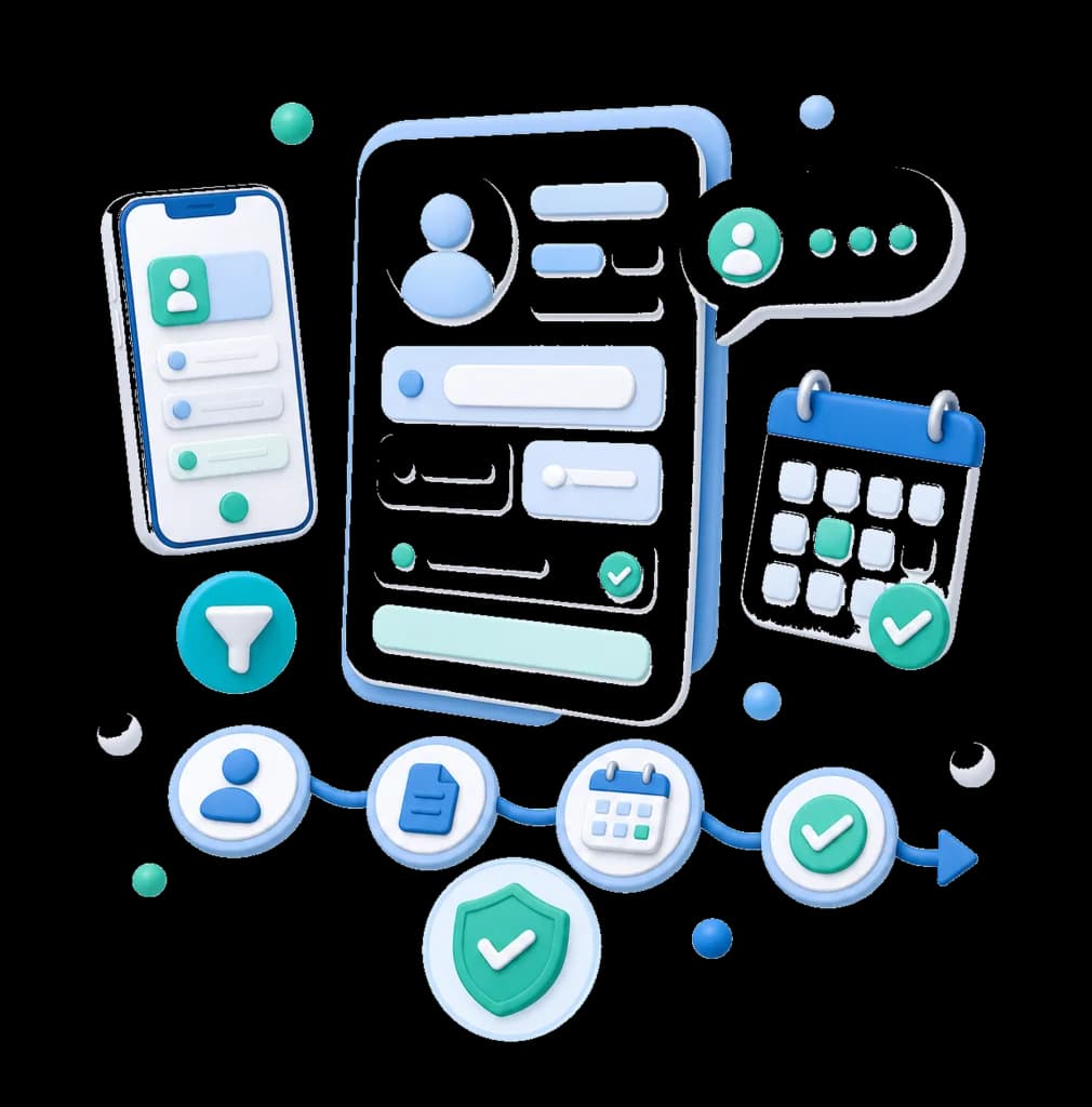 Patient intake form cards with phone, chat, and booking capture flow