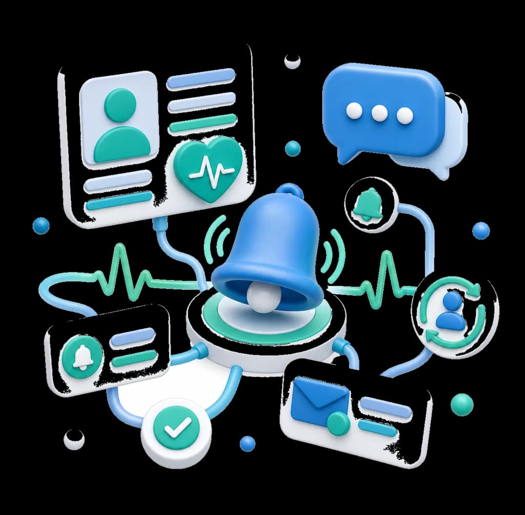 Reminder bell, message bubble, and patient card for follow-up campaigns