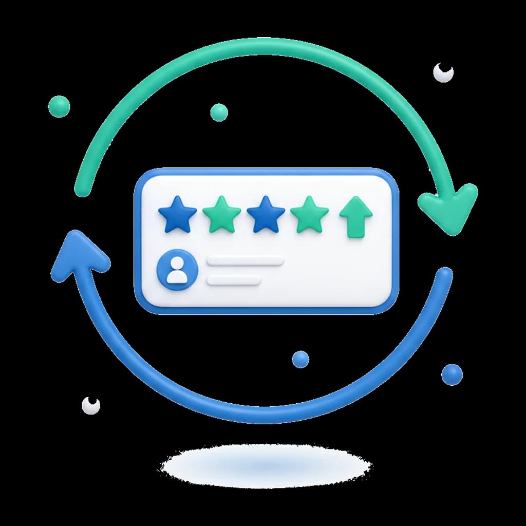Five-star review card with patient avatar and looping automation arrows raising the practice's rating