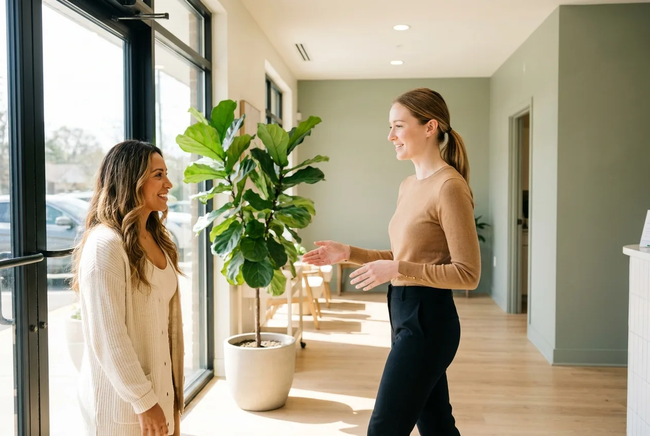 A patient being greeted on arrival in a med spa