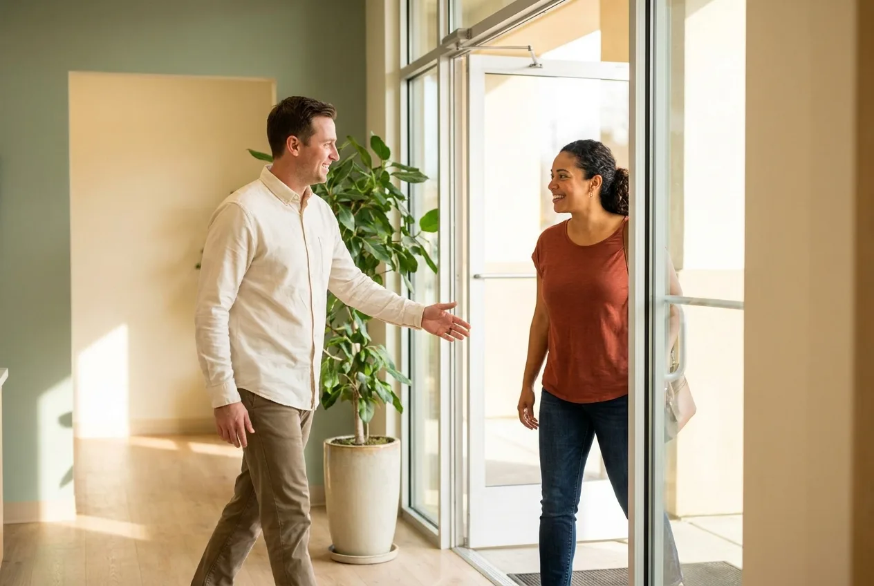 A patient being greeted on arrival in a practice